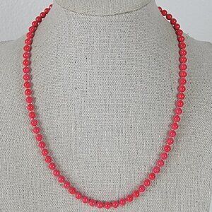Vintage 70s Red Enamel Ball Bead Metal Beaded Necklace 16" Spring Ring Clasp